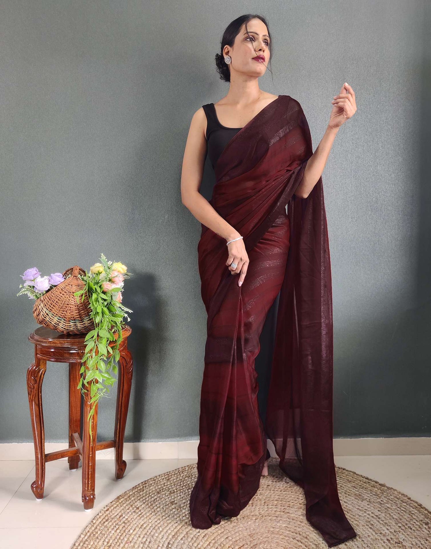 Ready to Wear Maroon Printed Georgette Saree