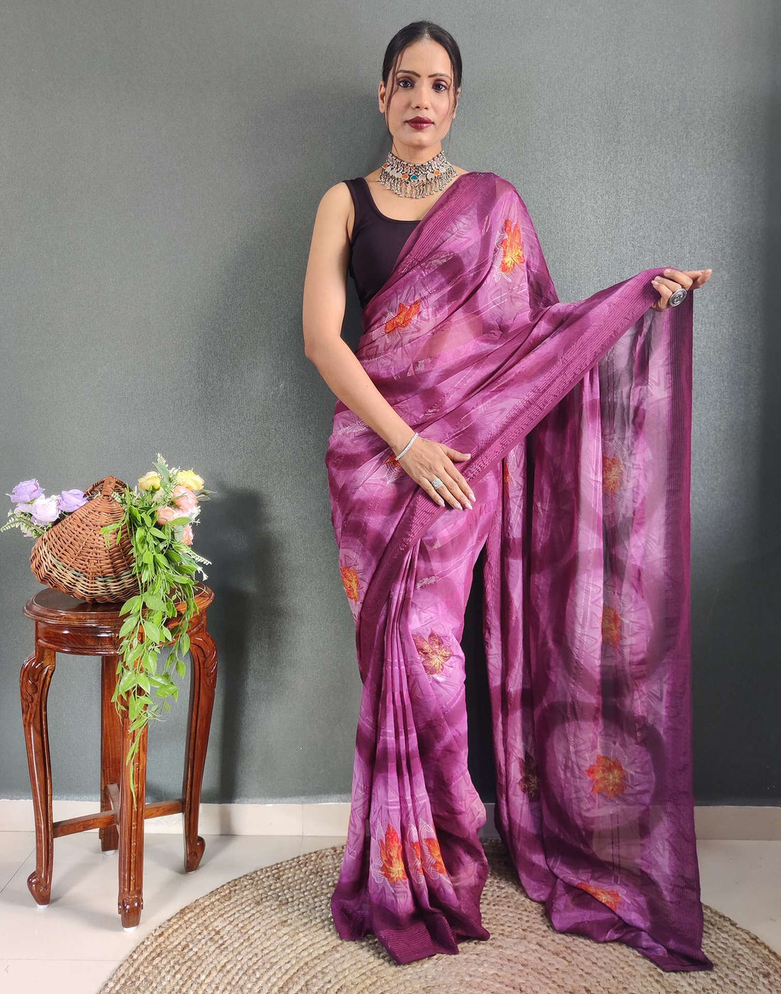 Lavender &amp; Rani Pink Printed Georgette Ready to Wear Saree