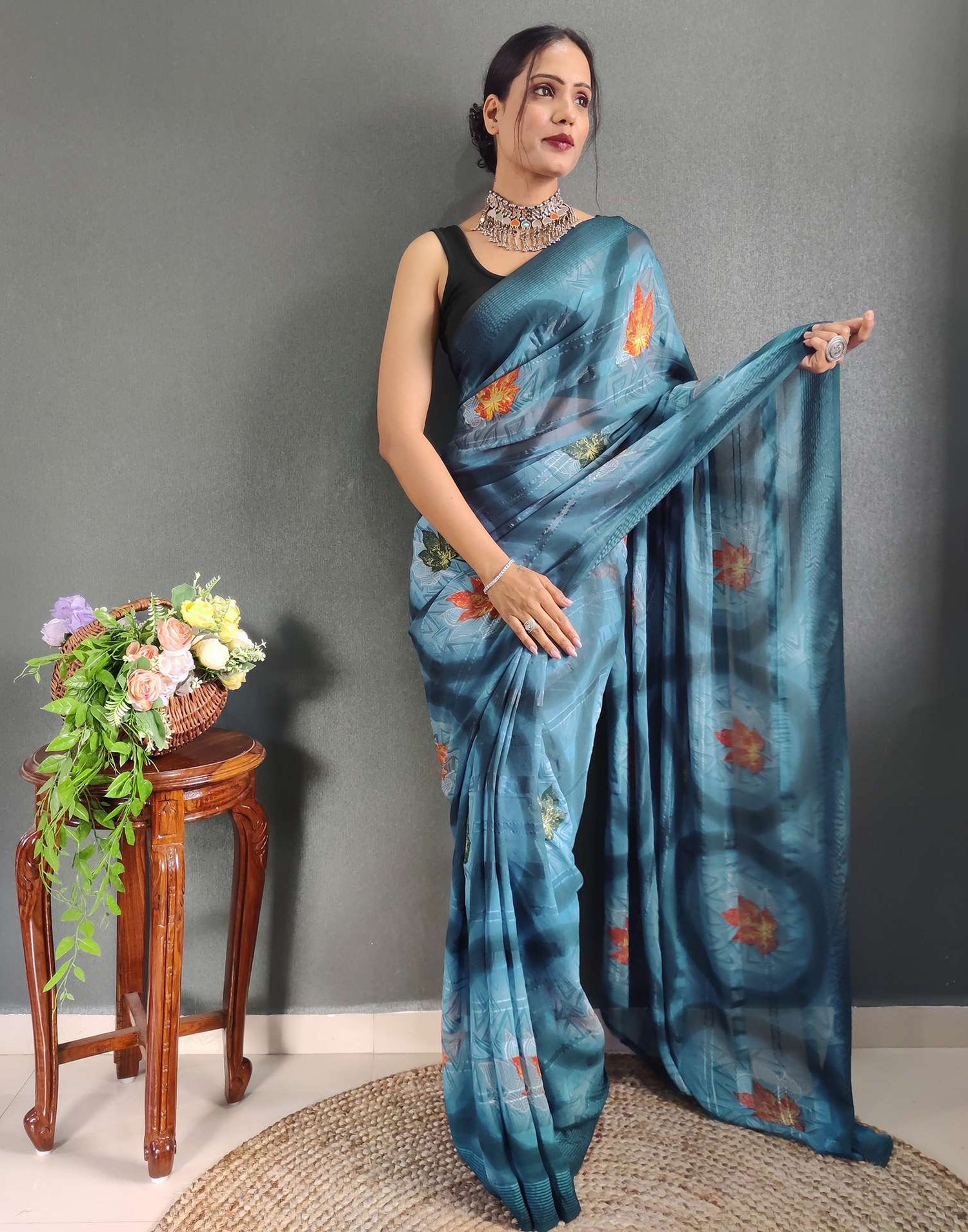 Ready to Wear Light Blue Printed Georgette Saree