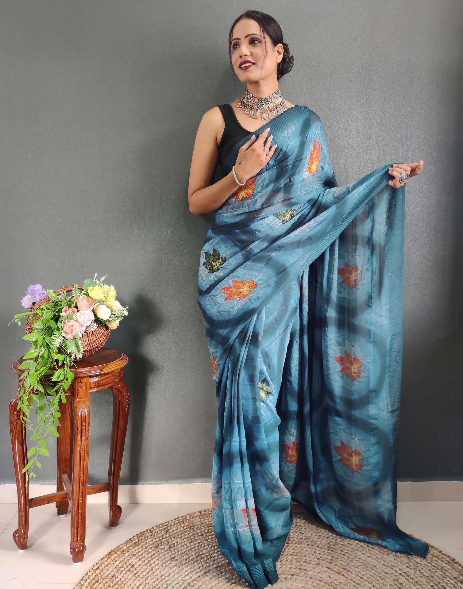 Ready to Wear Light Blue Printed Georgette Saree