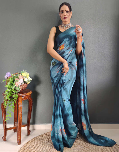 Ready to Wear Light Blue Printed Georgette Saree