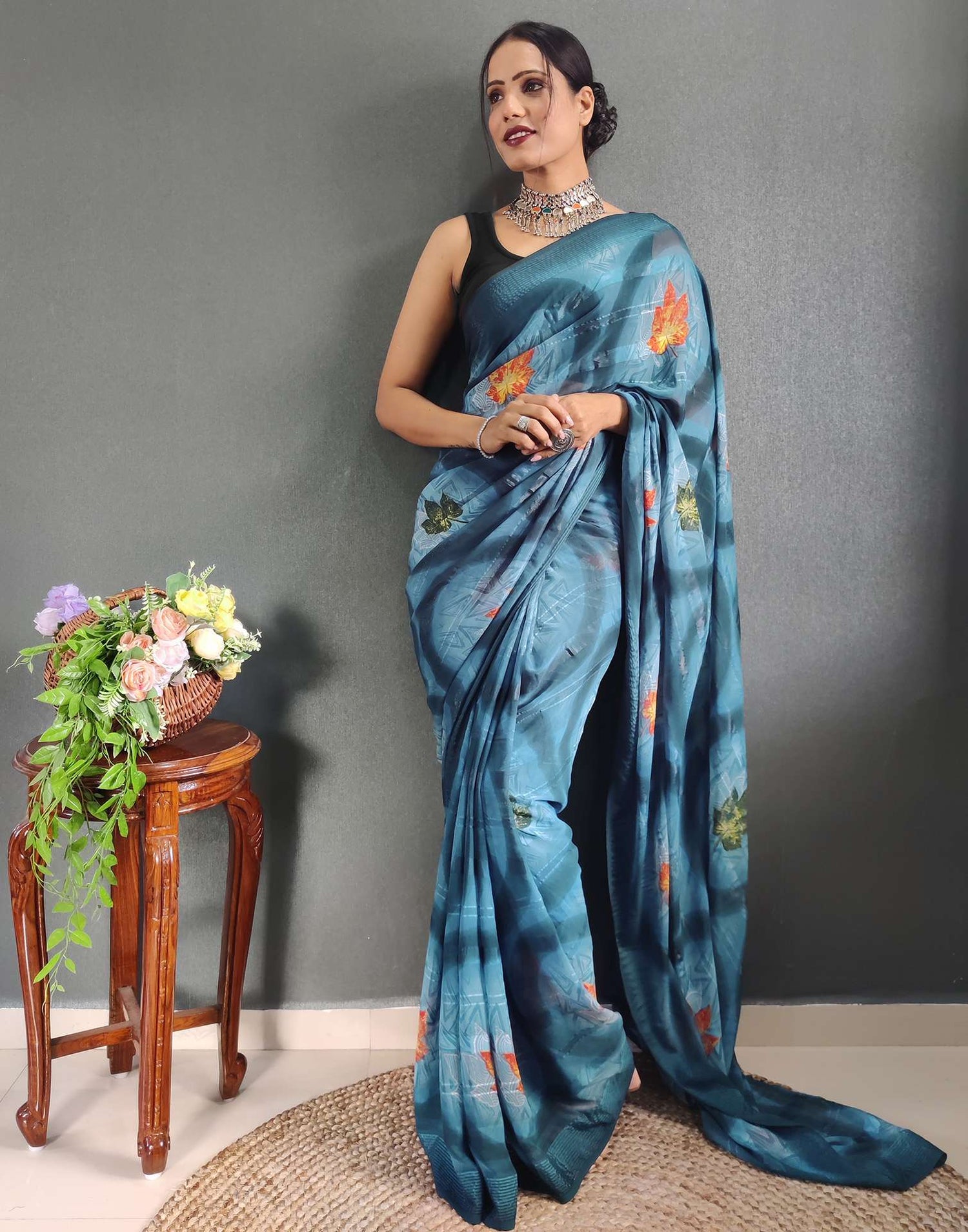 Ready to Wear Light Blue Printed Georgette Saree