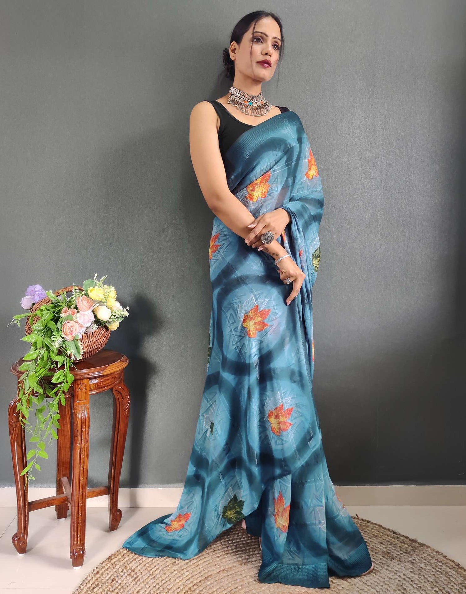 Ready to Wear Light Blue Printed Georgette Saree