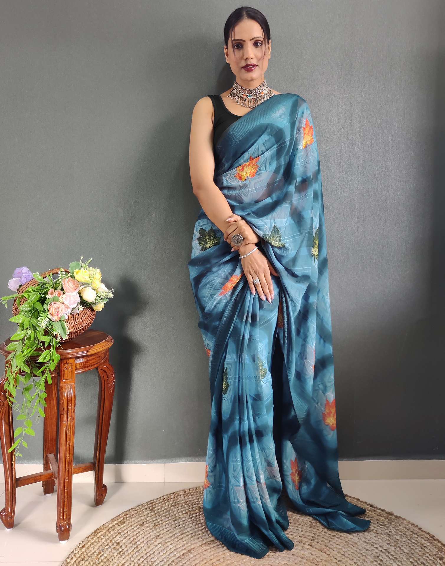 Ready to Wear Light Blue Printed Georgette Saree