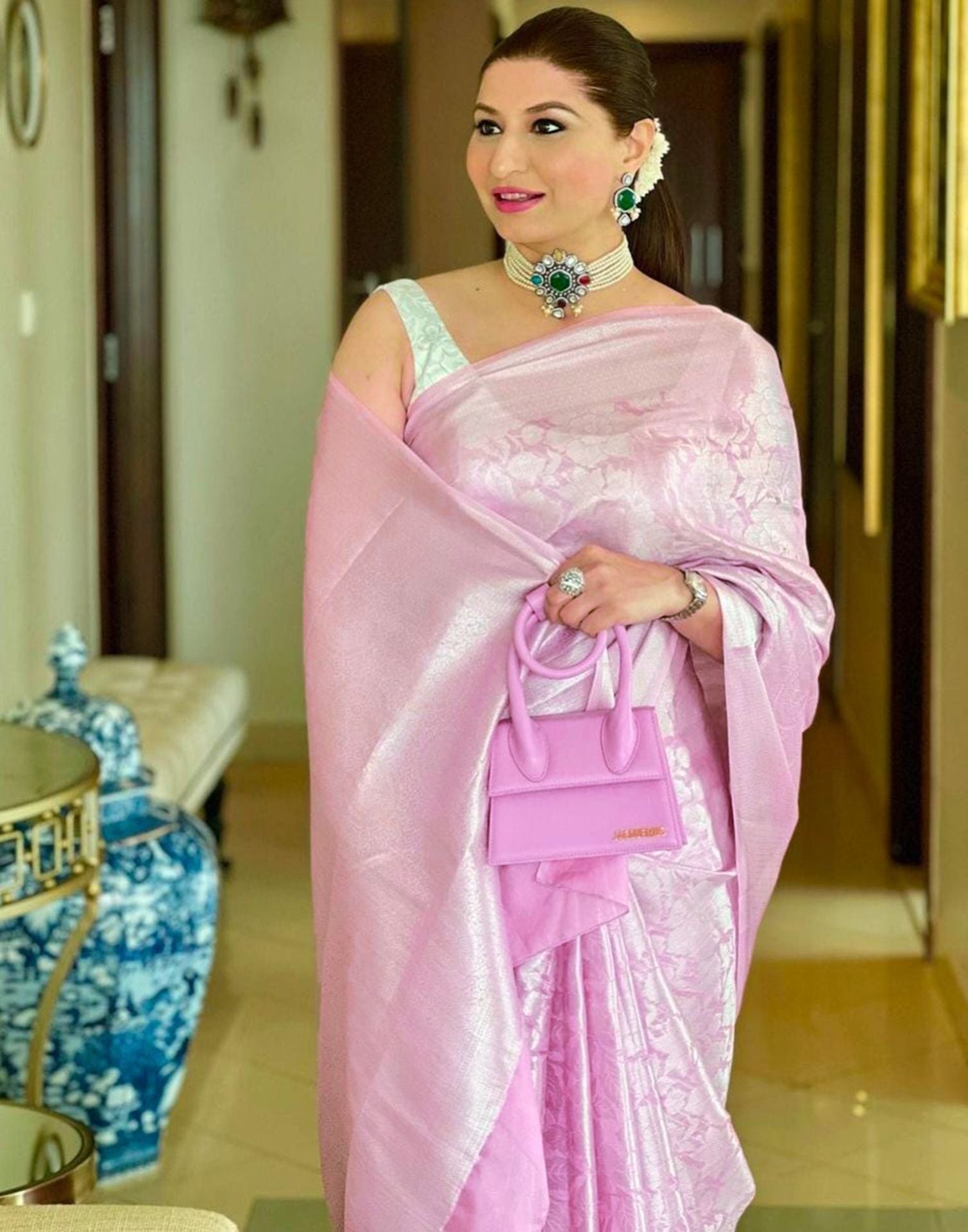 Light Pink Jacquard Silk Saree