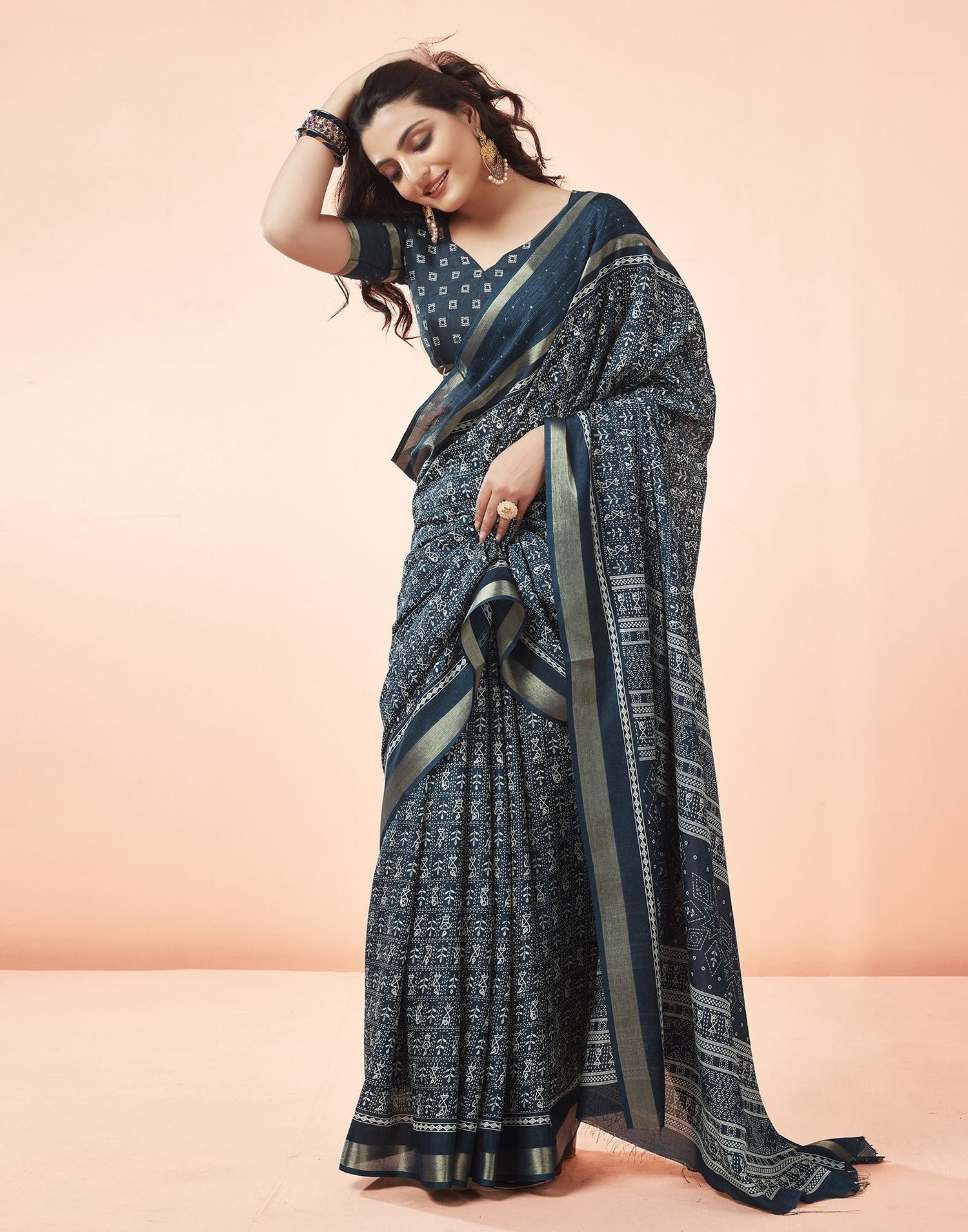 Navy Blue Printed Cotton Saree