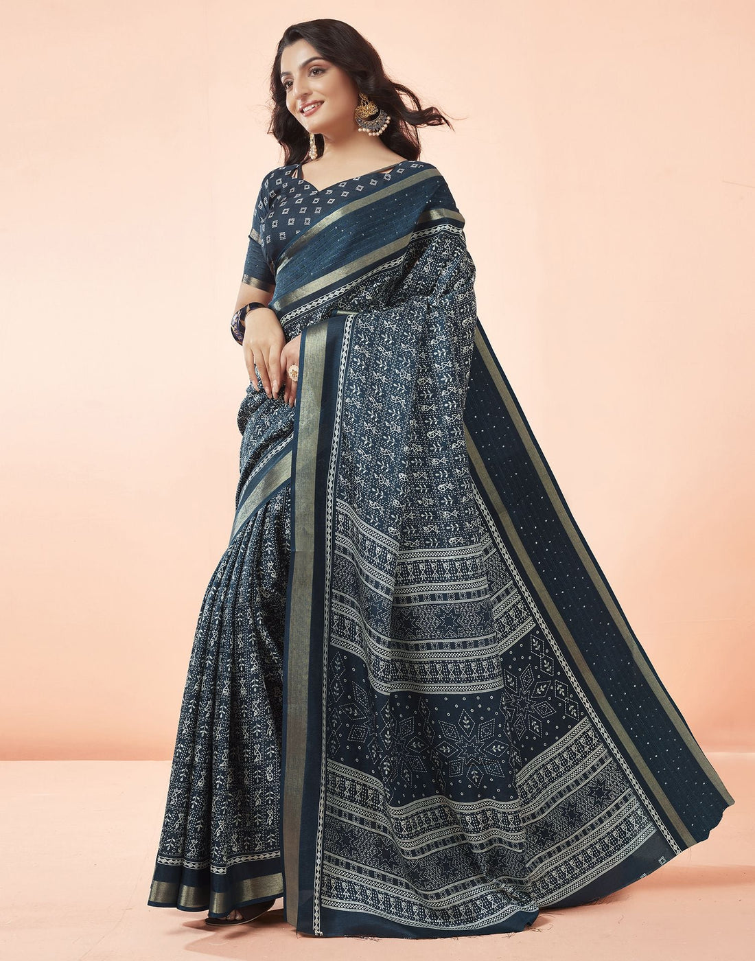 Navy Blue Printed Cotton Saree