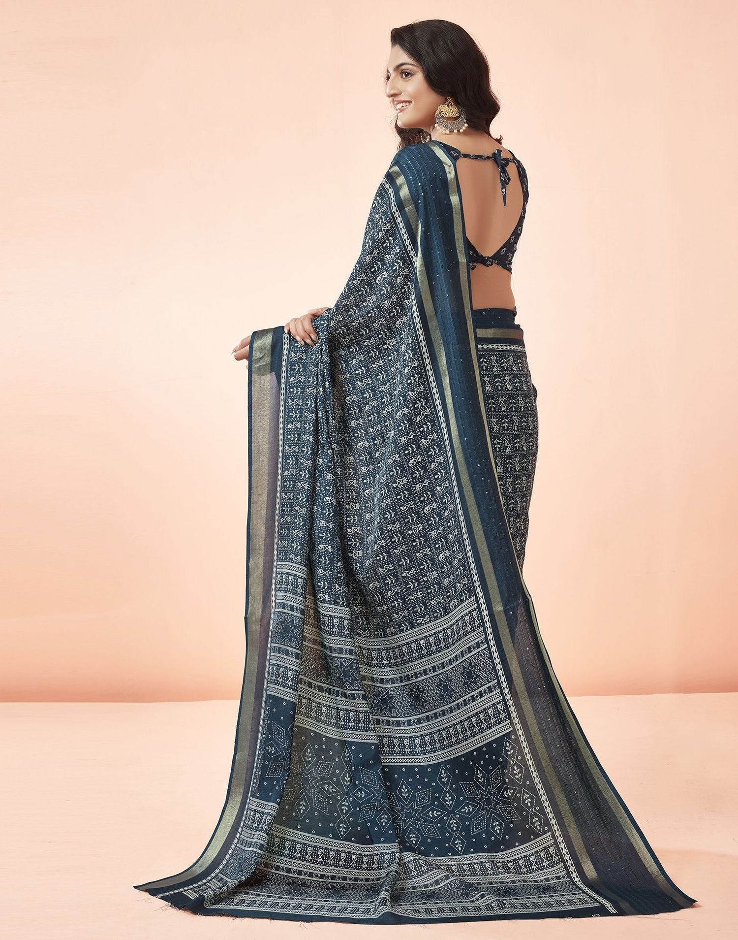 Navy Blue Printed Cotton Saree