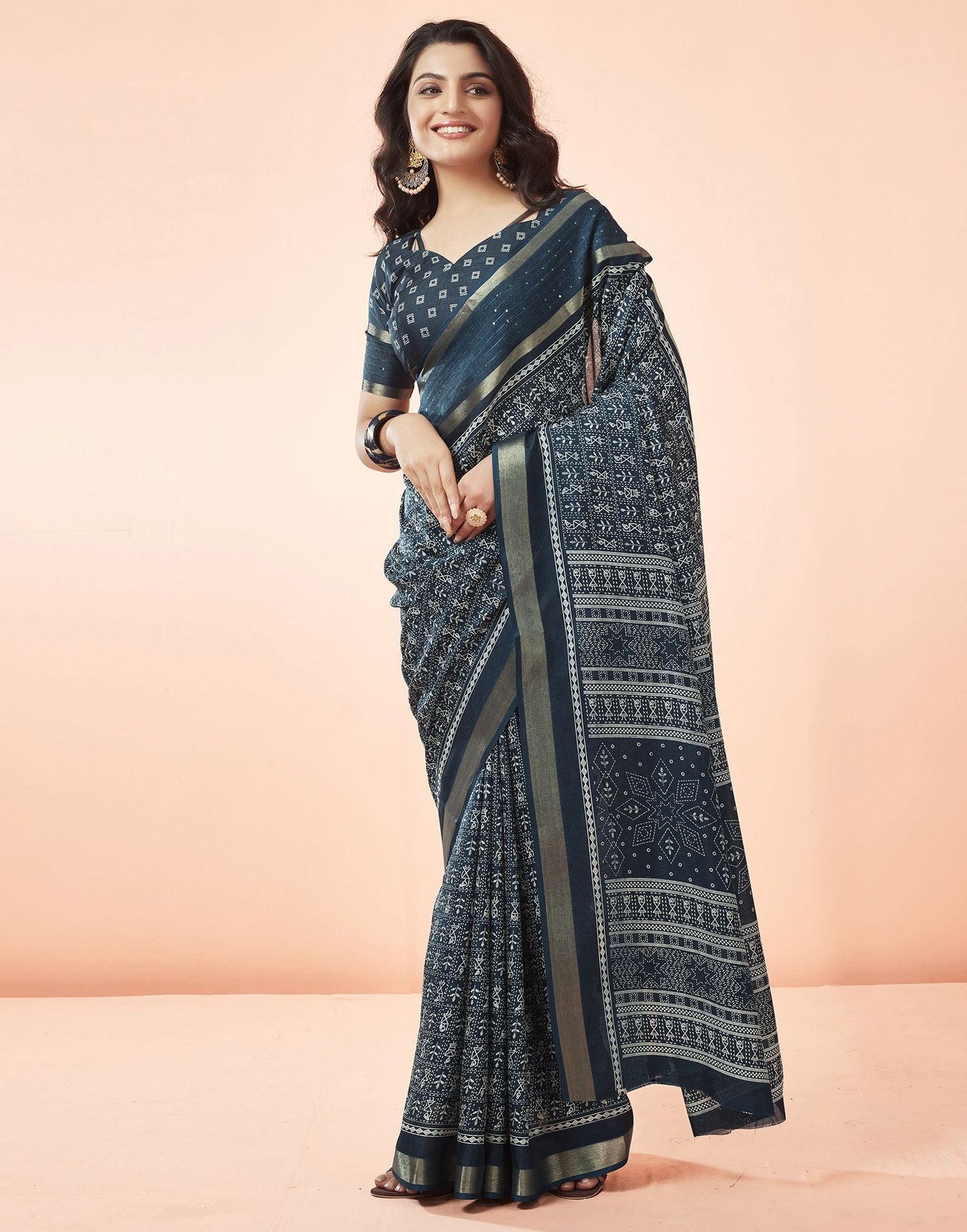 Navy Blue Printed Cotton Saree