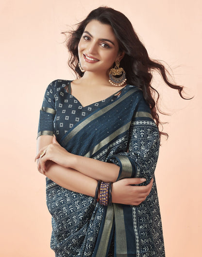 Navy Blue Printed Cotton Saree