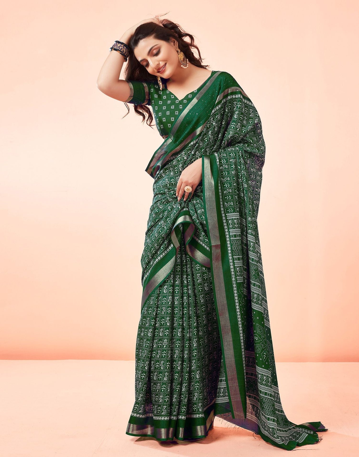 Dark Green Printed Cotton Saree