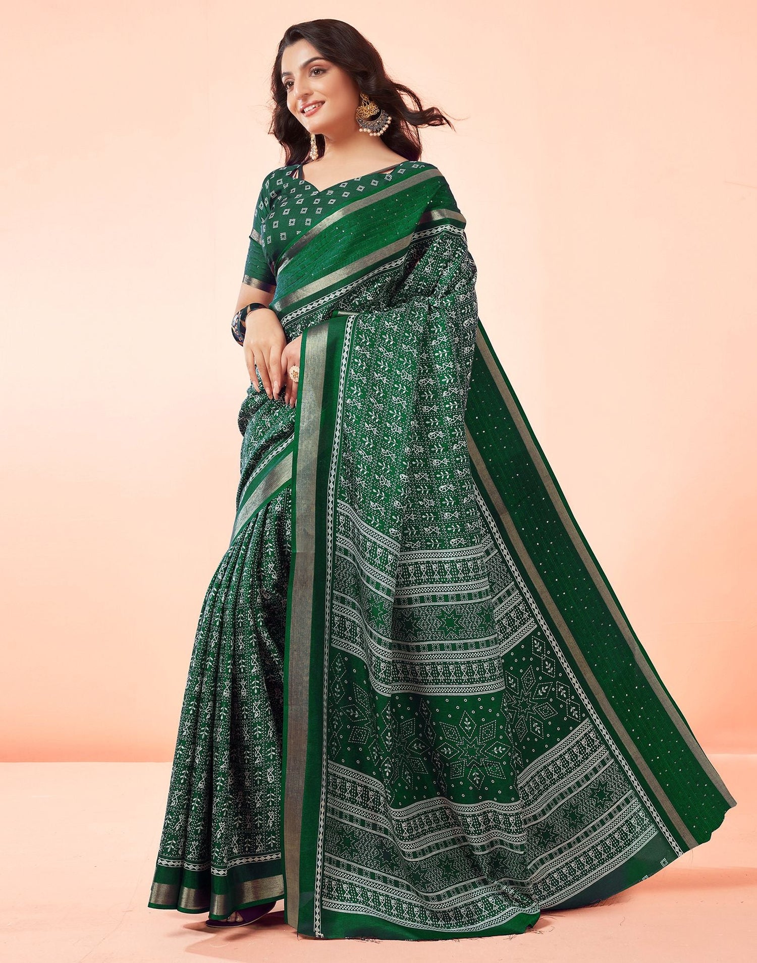 Dark Green Printed Cotton Saree