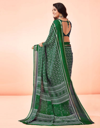 Dark Green Printed Cotton Saree