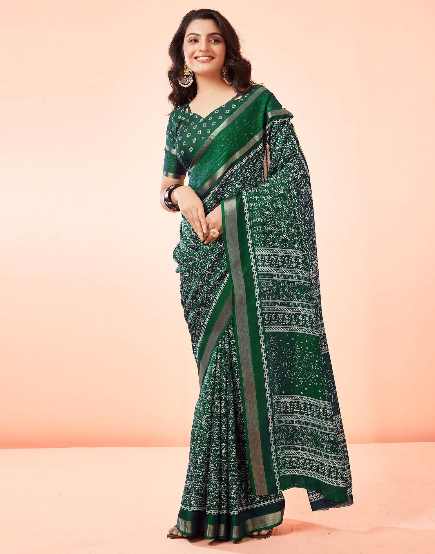 Dark Green Printed Cotton Saree