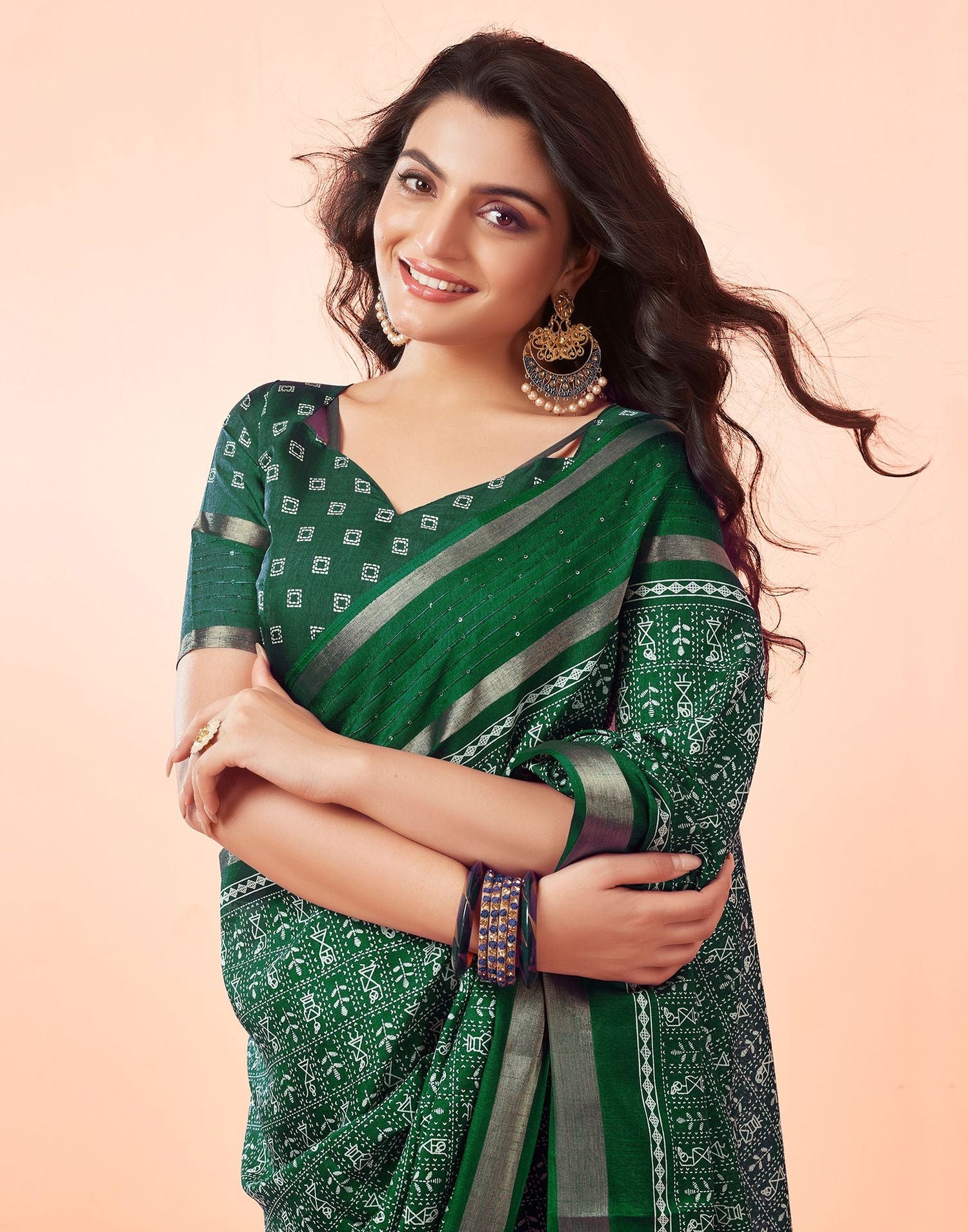 Dark Green Printed Cotton Saree