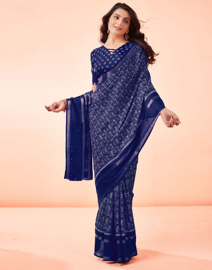 Dark Blue Printed Cotton Saree