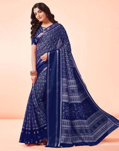 Dark Blue Printed Cotton Saree