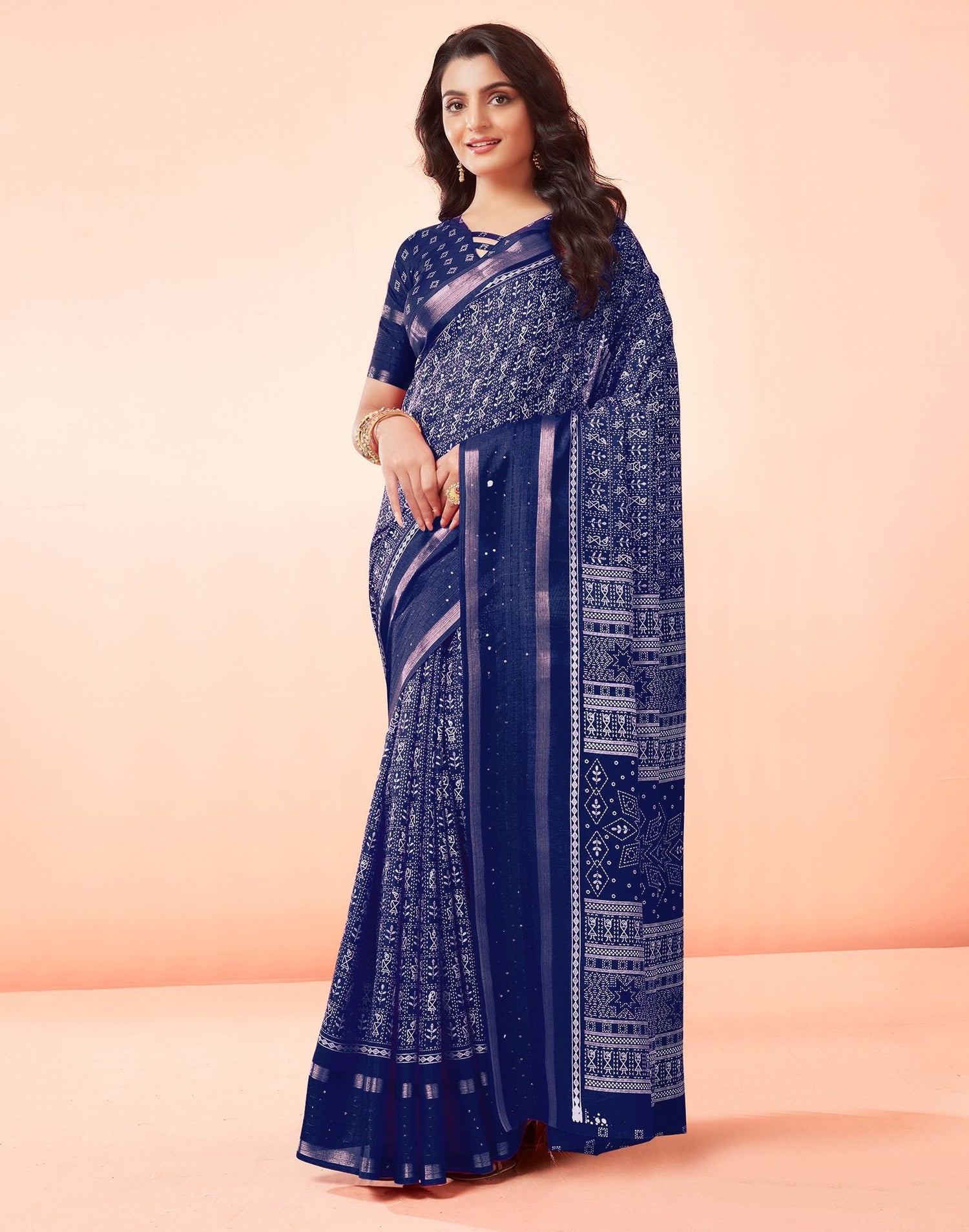 Dark Blue Printed Cotton Saree