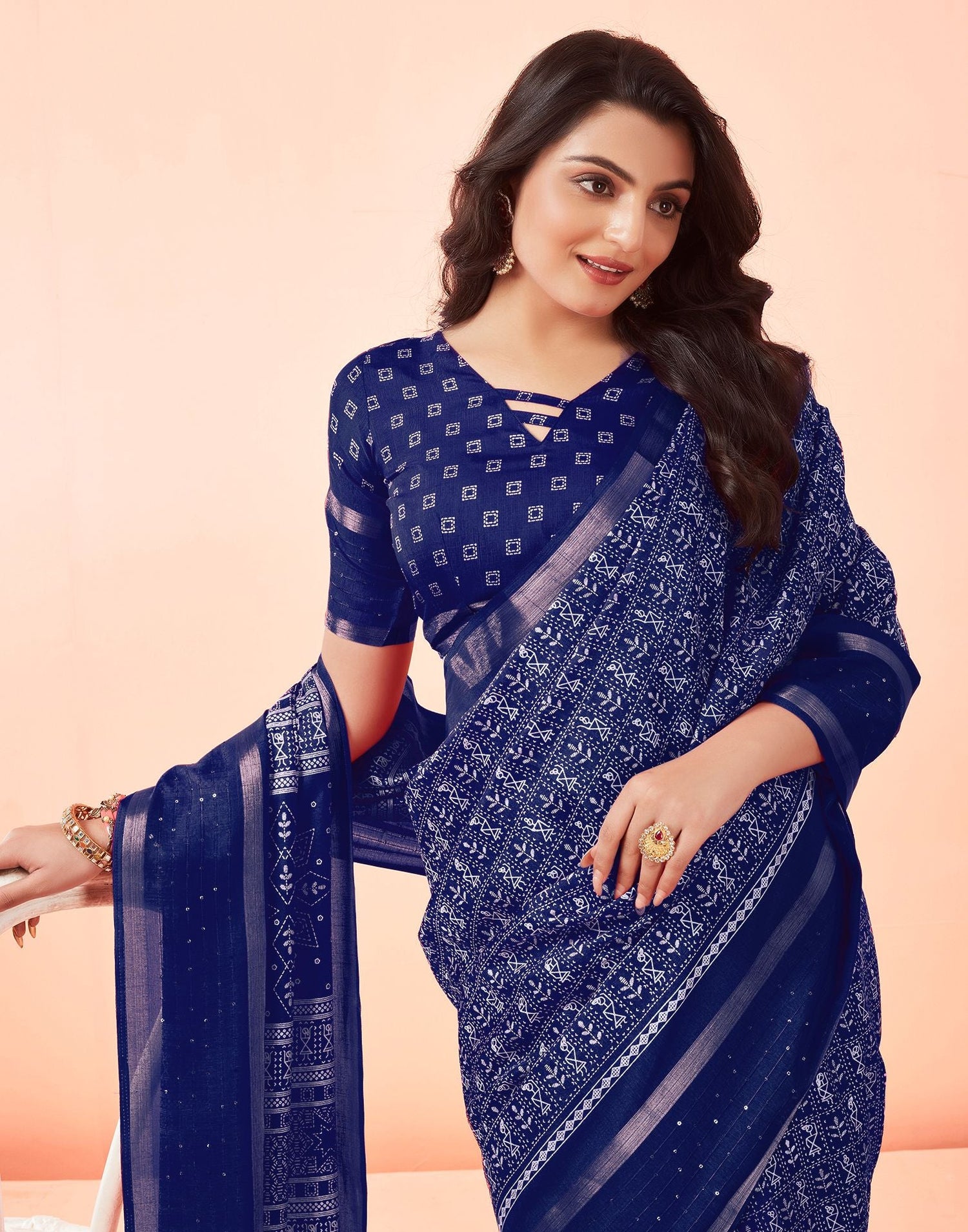 Dark Blue Printed Cotton Saree