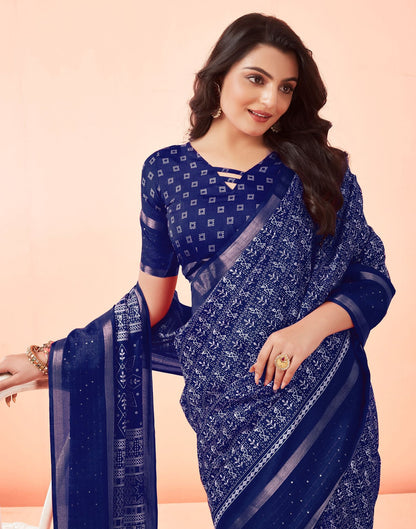 Dark Blue Printed Cotton Saree