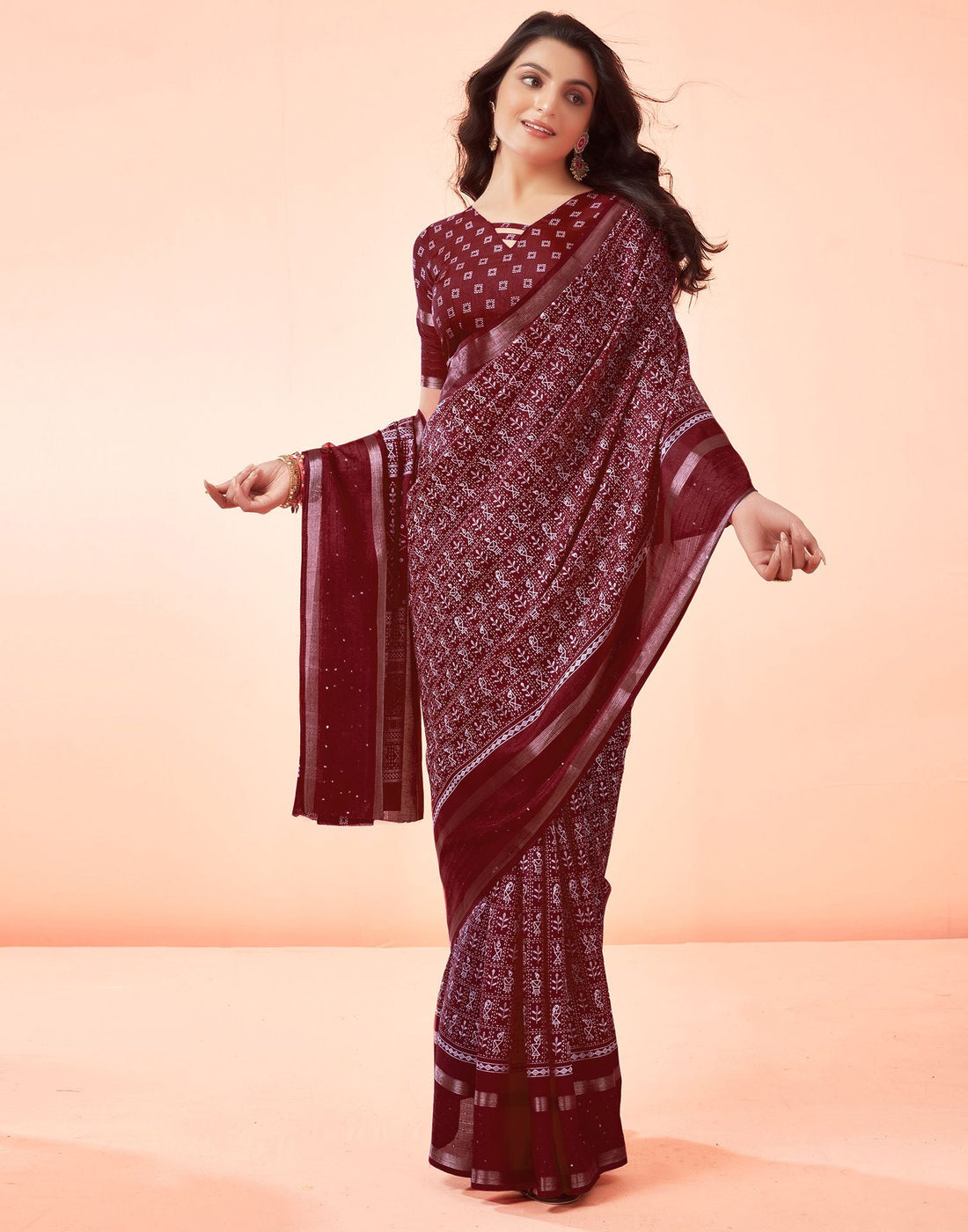 Maroon Printed Cotton Saree