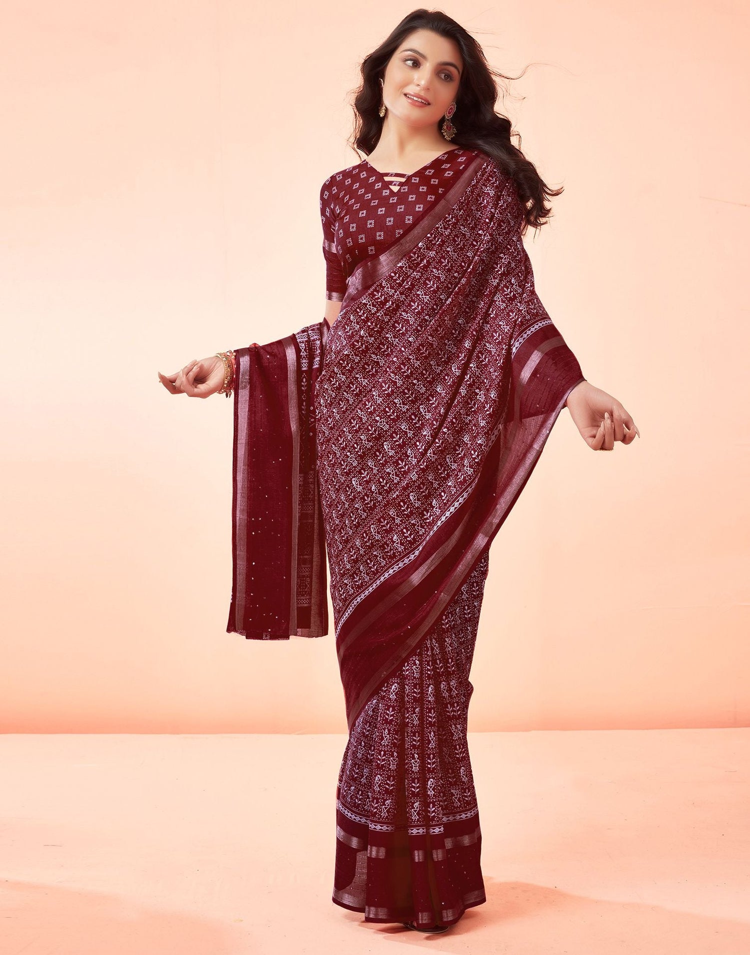 Maroon Printed Cotton Saree