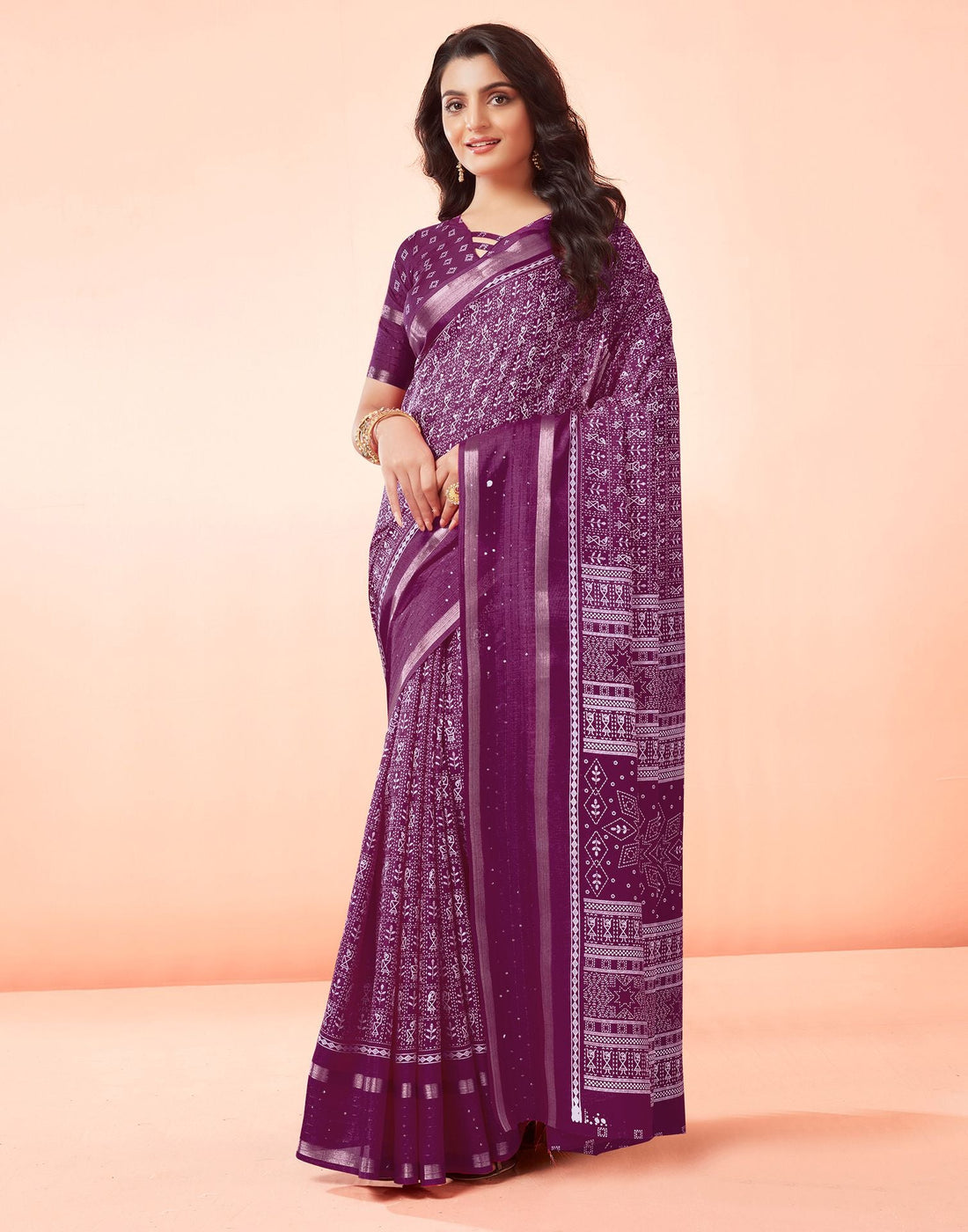 Wine Printed Cotton Saree