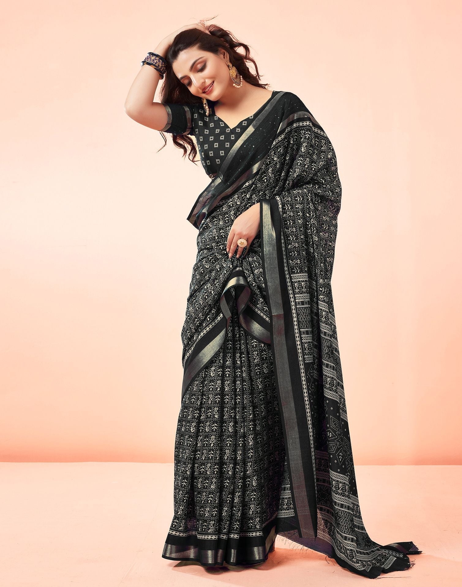 Black Printed Cotton Saree