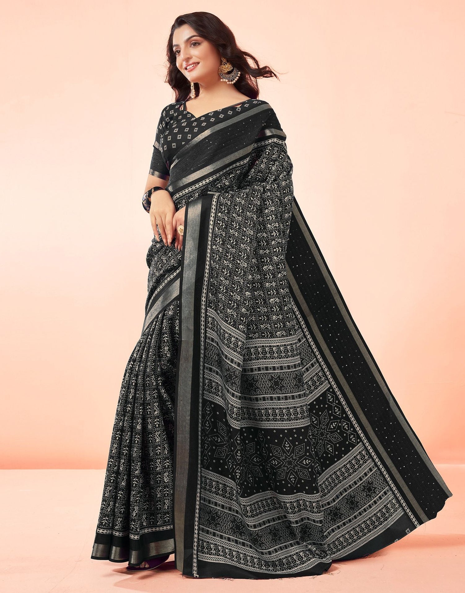 Black Printed Cotton Saree