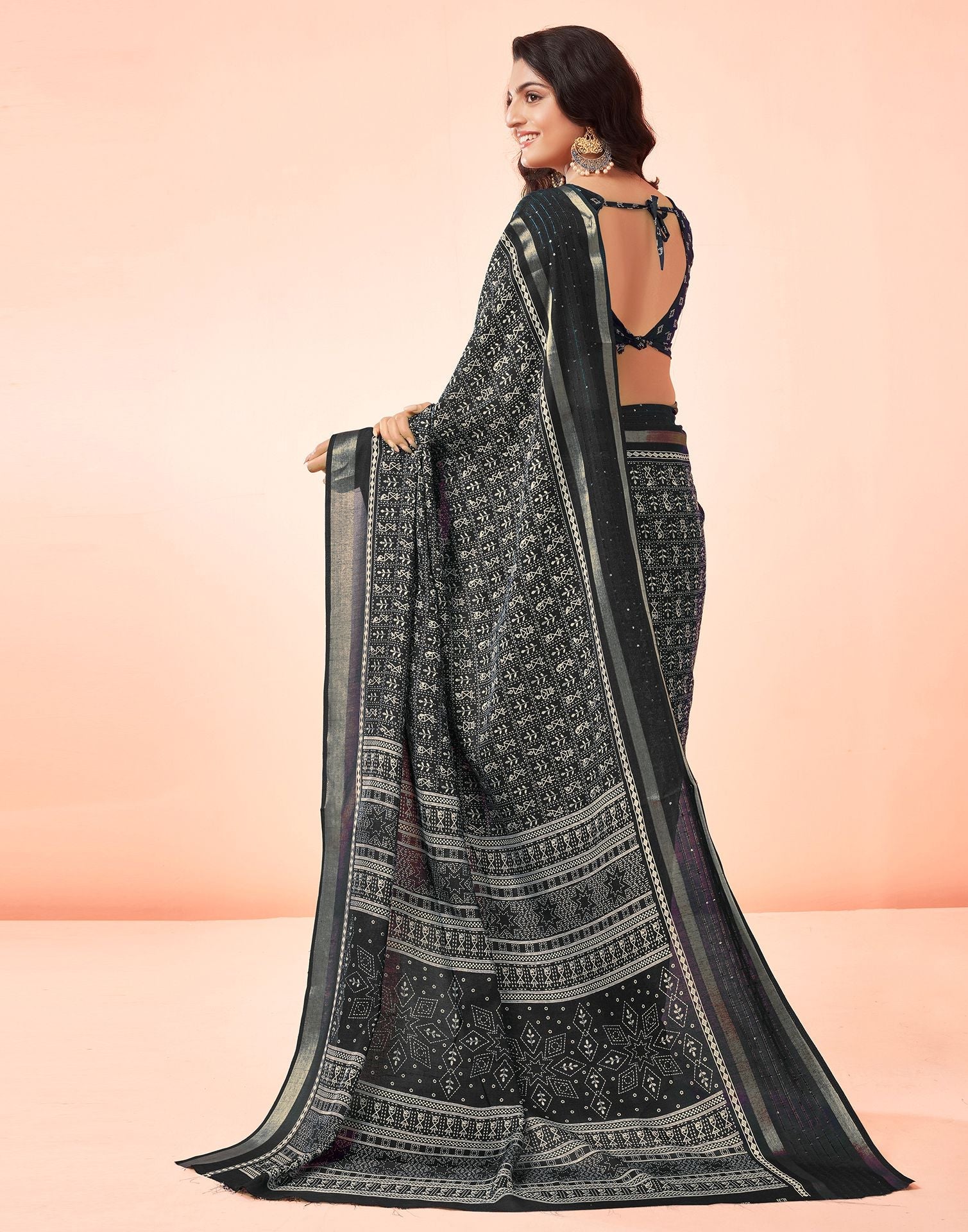 Black Printed Cotton Saree