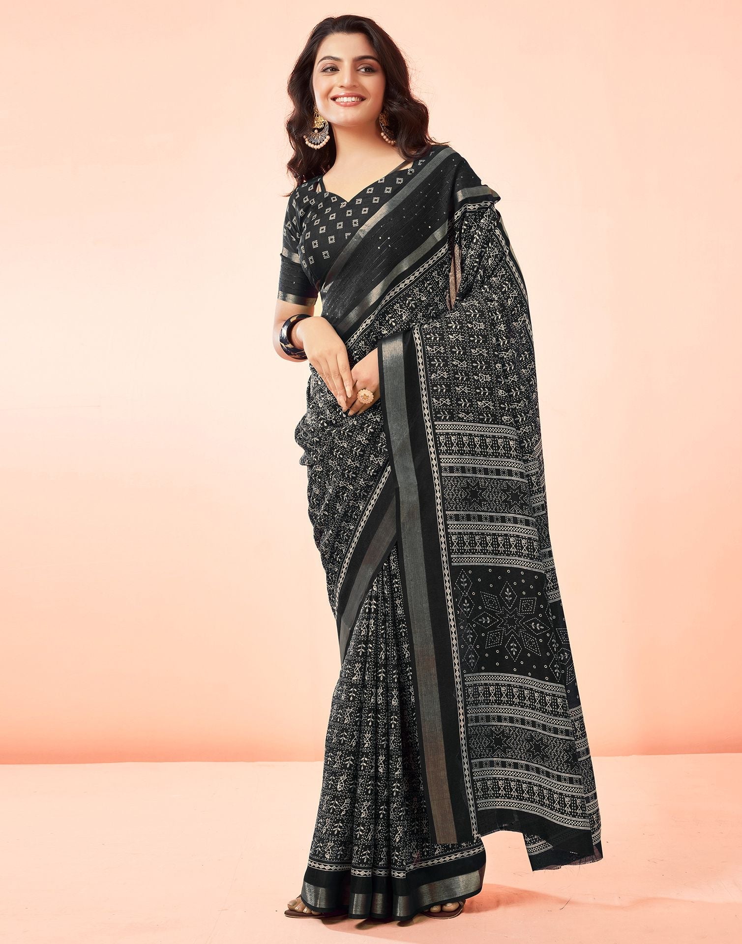 Black Printed Cotton Saree