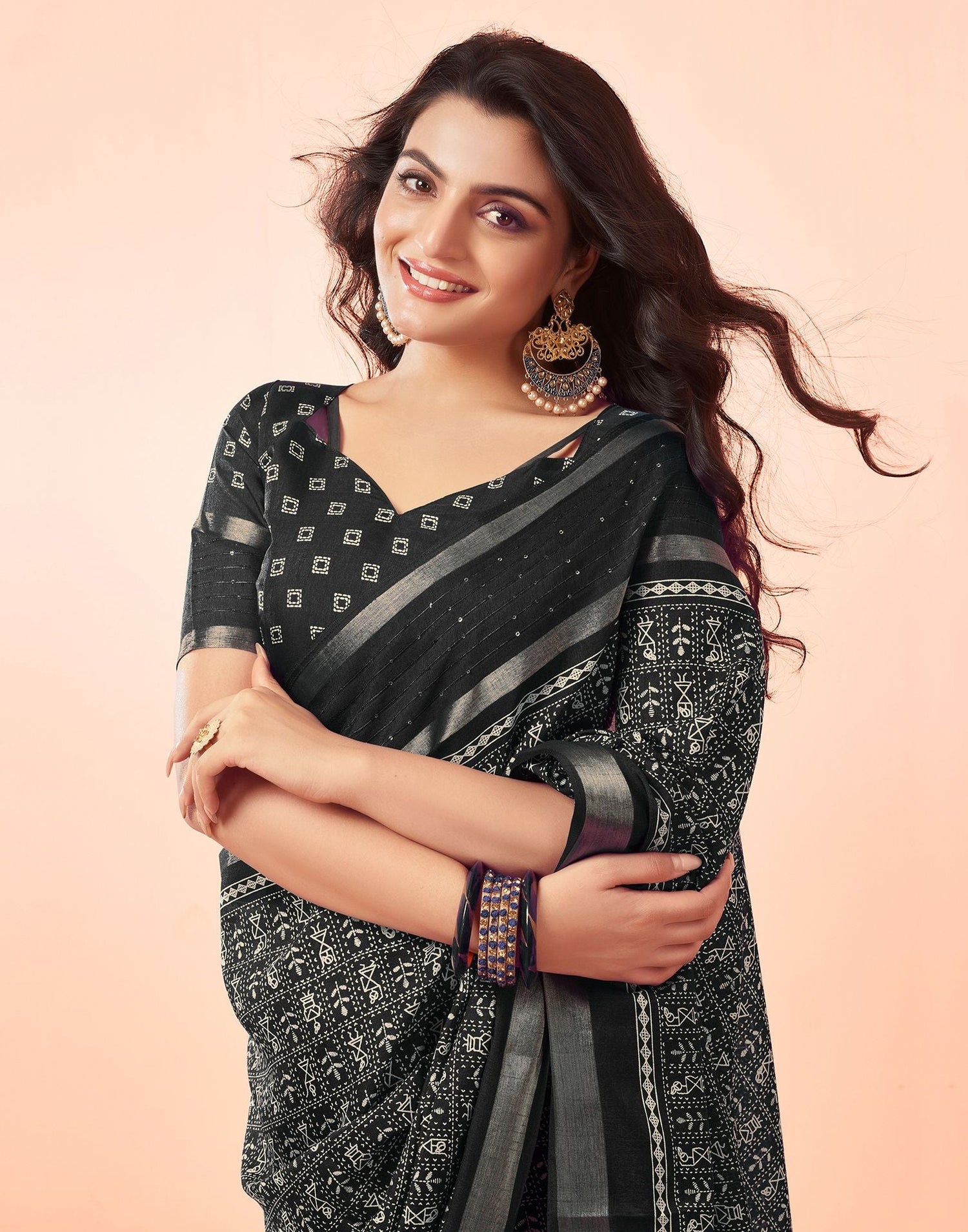 Black Printed Cotton Saree