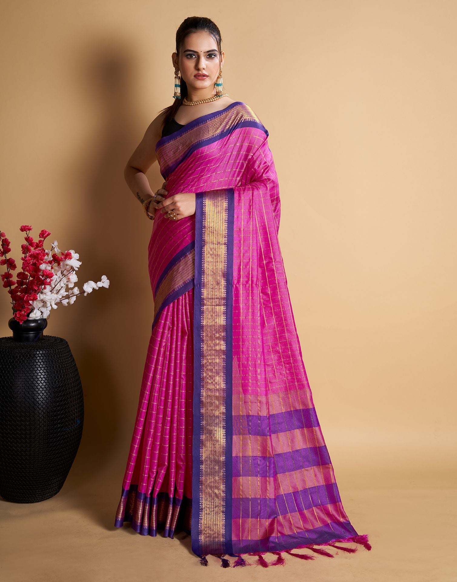 Pink Self Woven Silk Saree