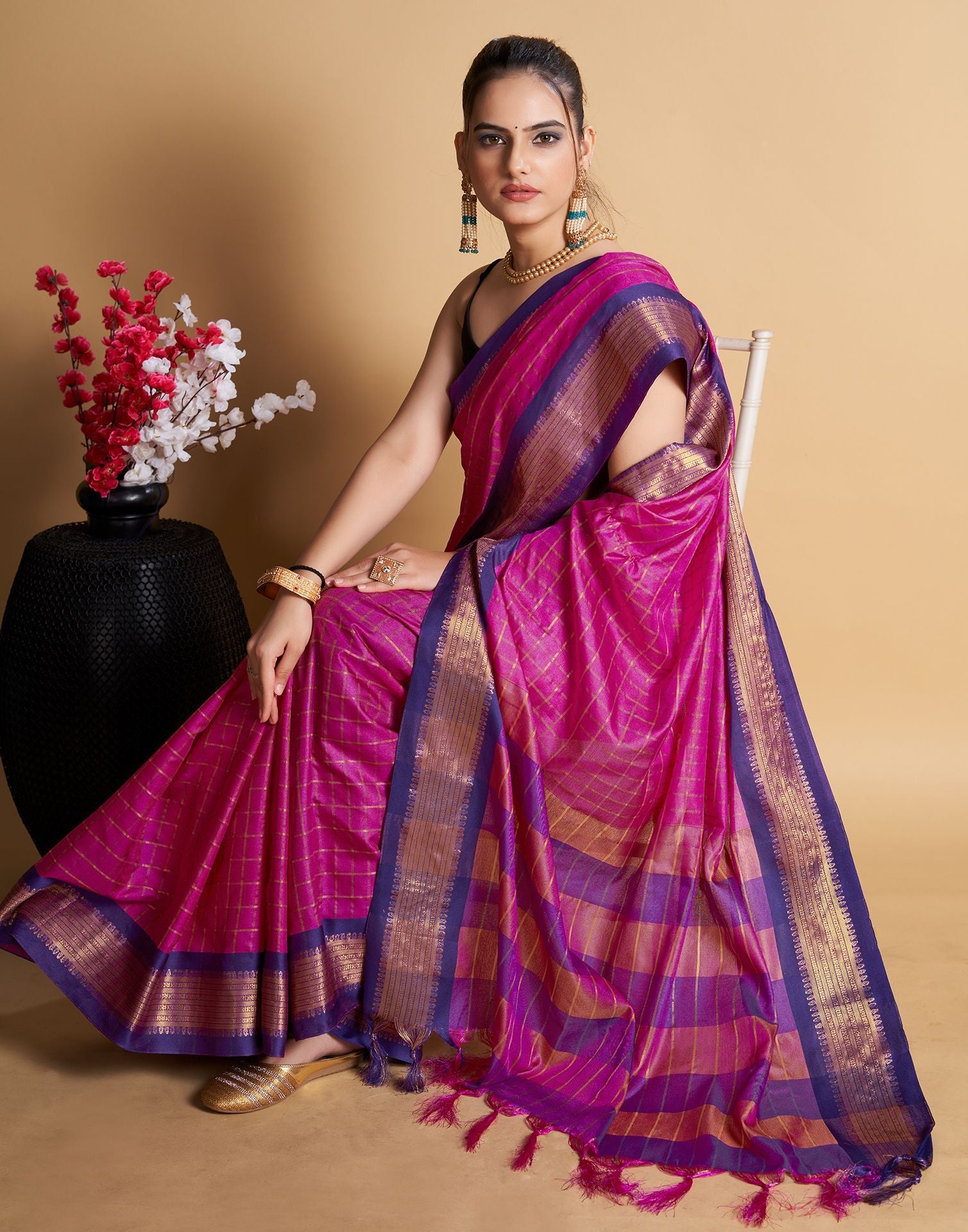 Pink Self Woven Silk Saree