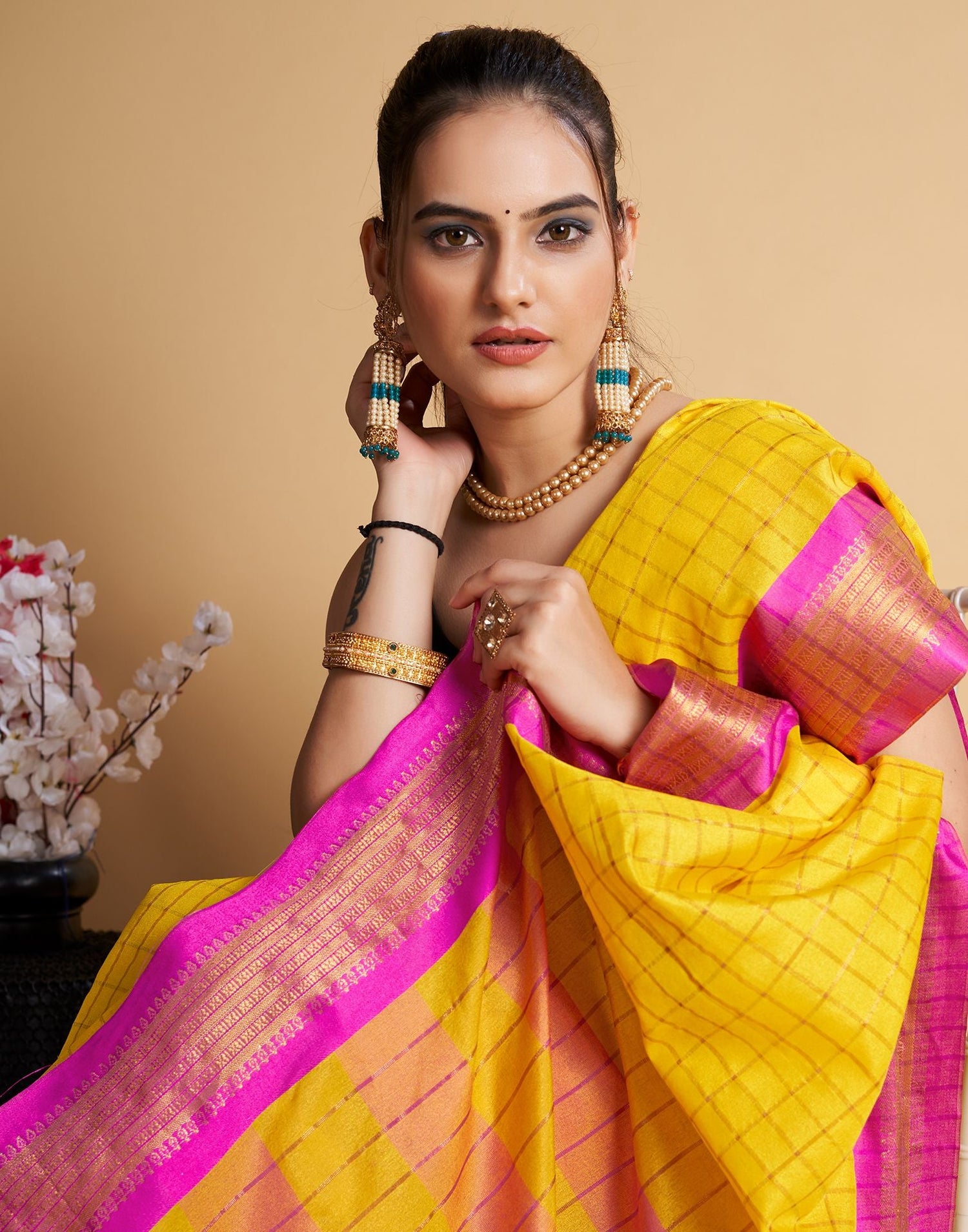 Yellow Self Woven Silk Saree