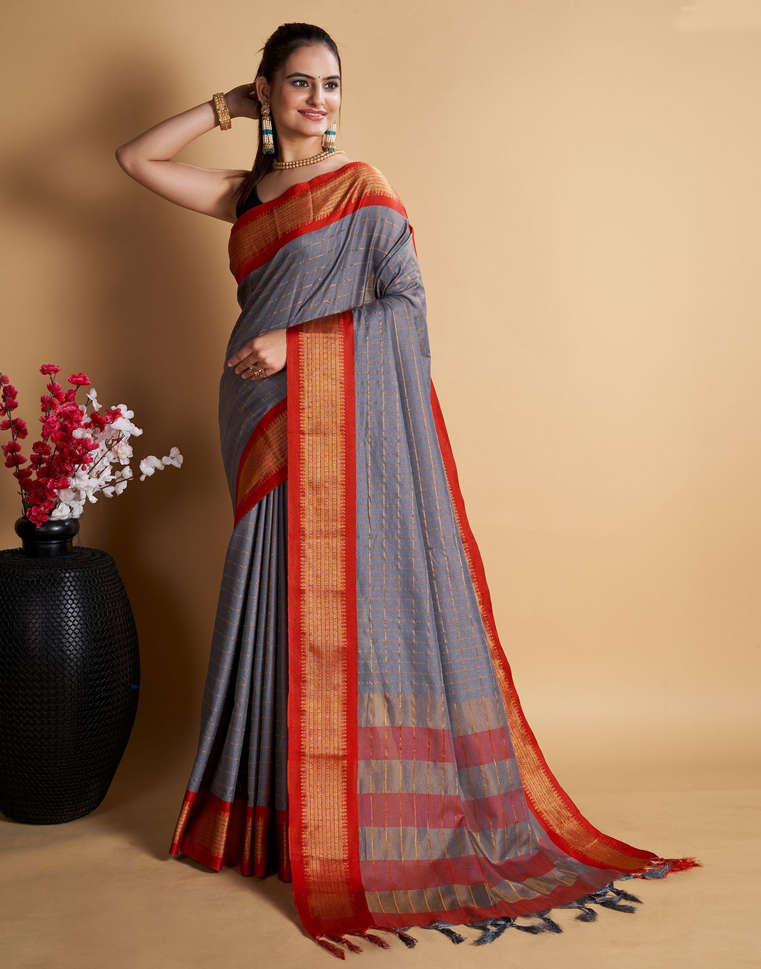 Grey Self Woven Silk Saree