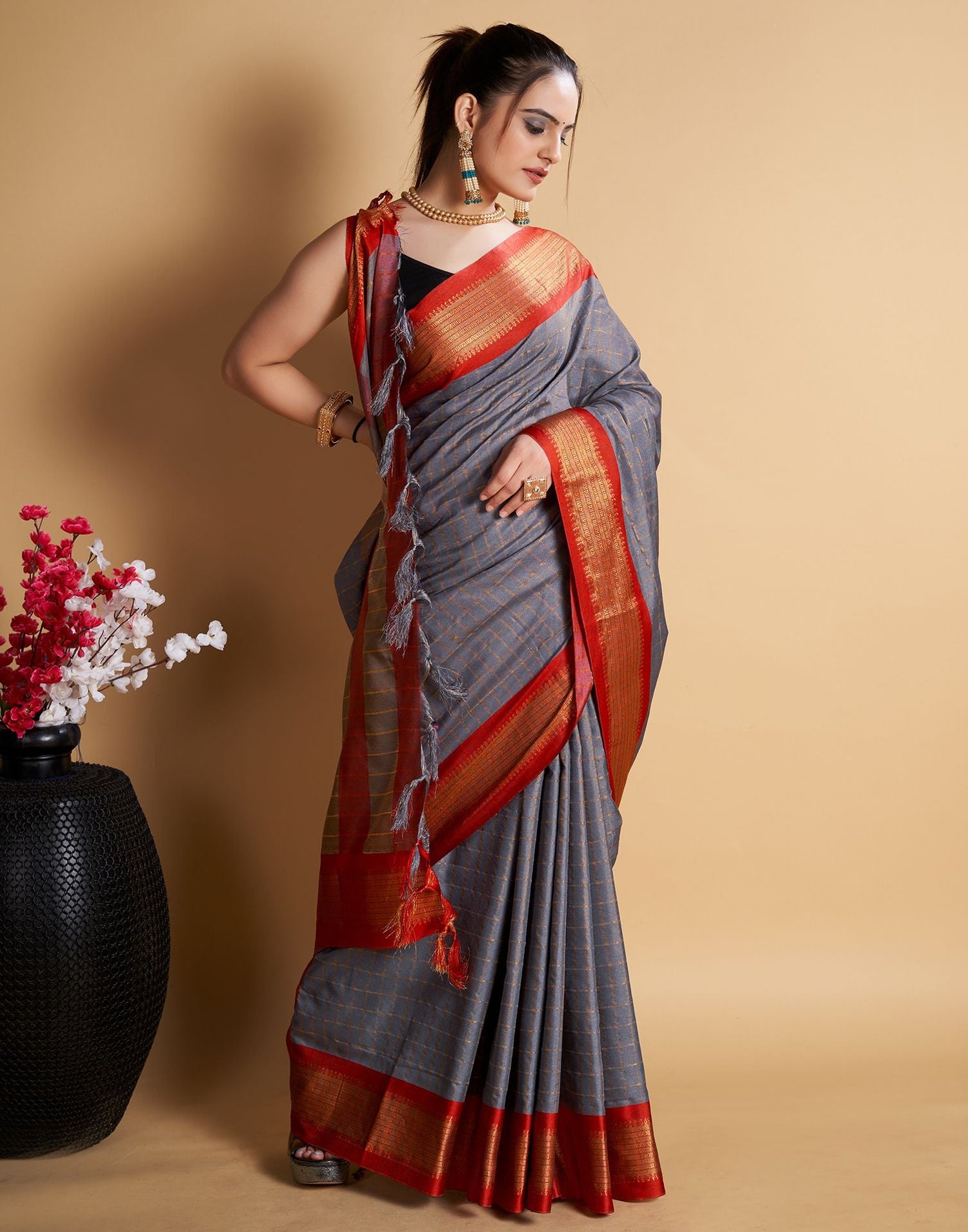 Grey Self Woven Silk Saree