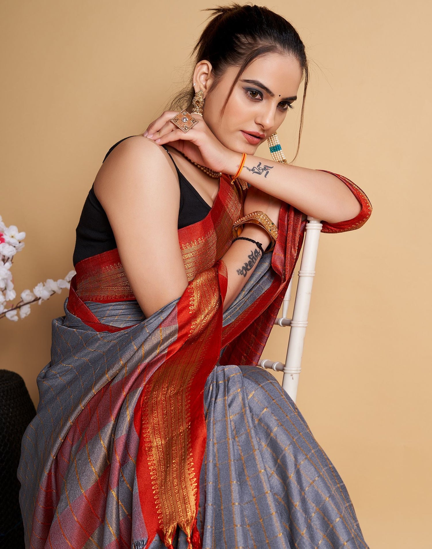 Grey Self Woven Silk Saree