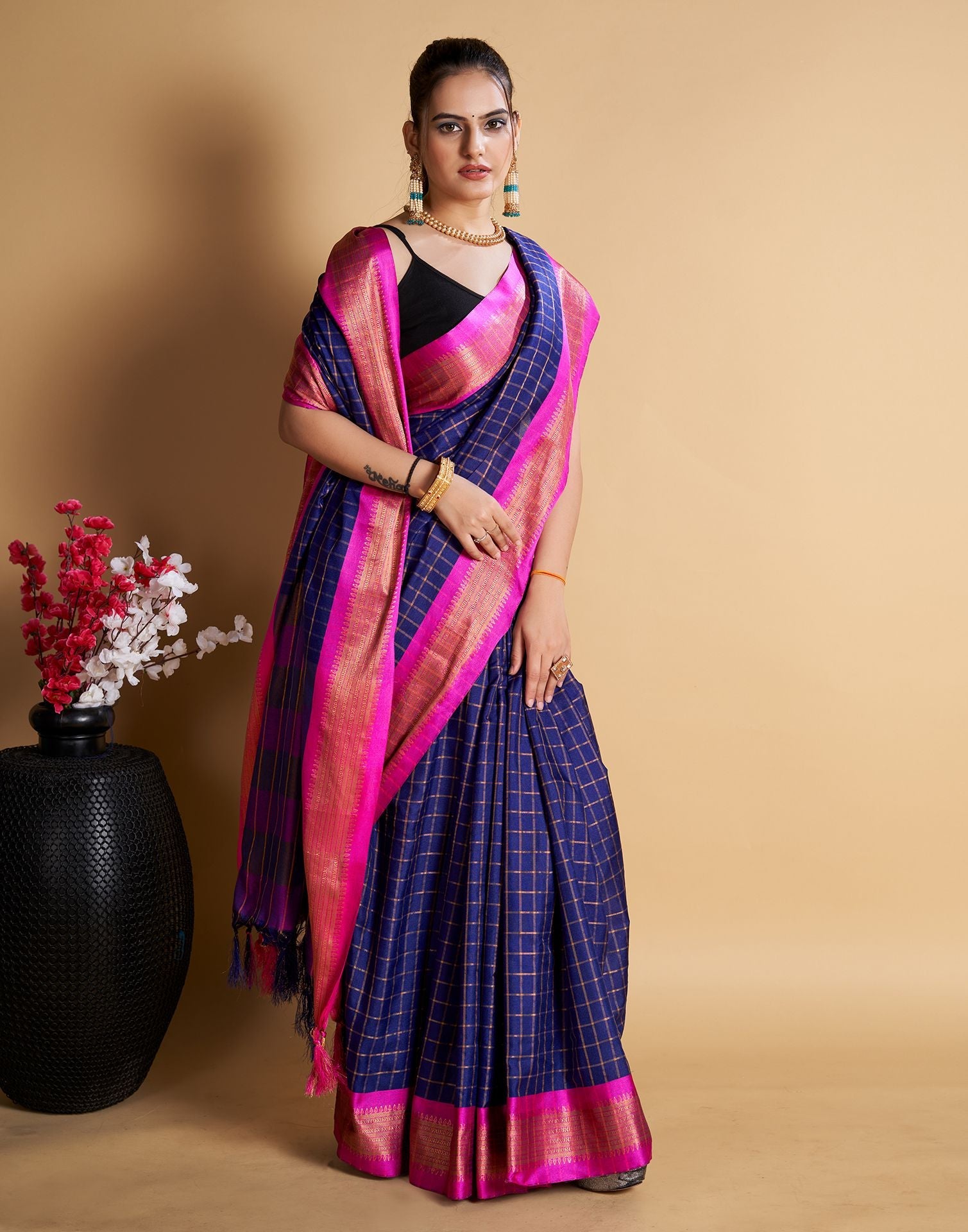 Drak Blue Self Woven Silk Saree