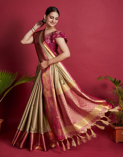 Beige &amp; Red Jacquard Silk Saree