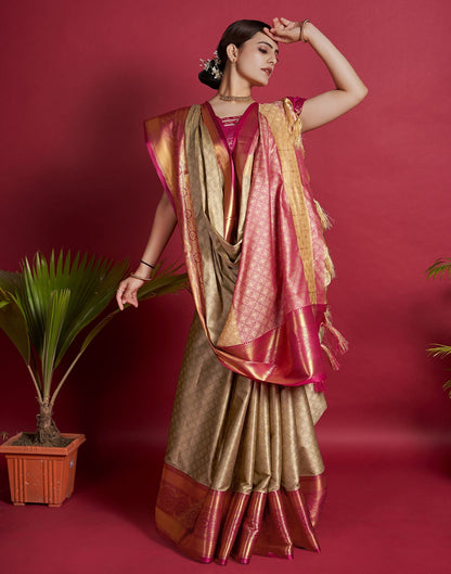 Beige &amp; Red Jacquard Silk Saree