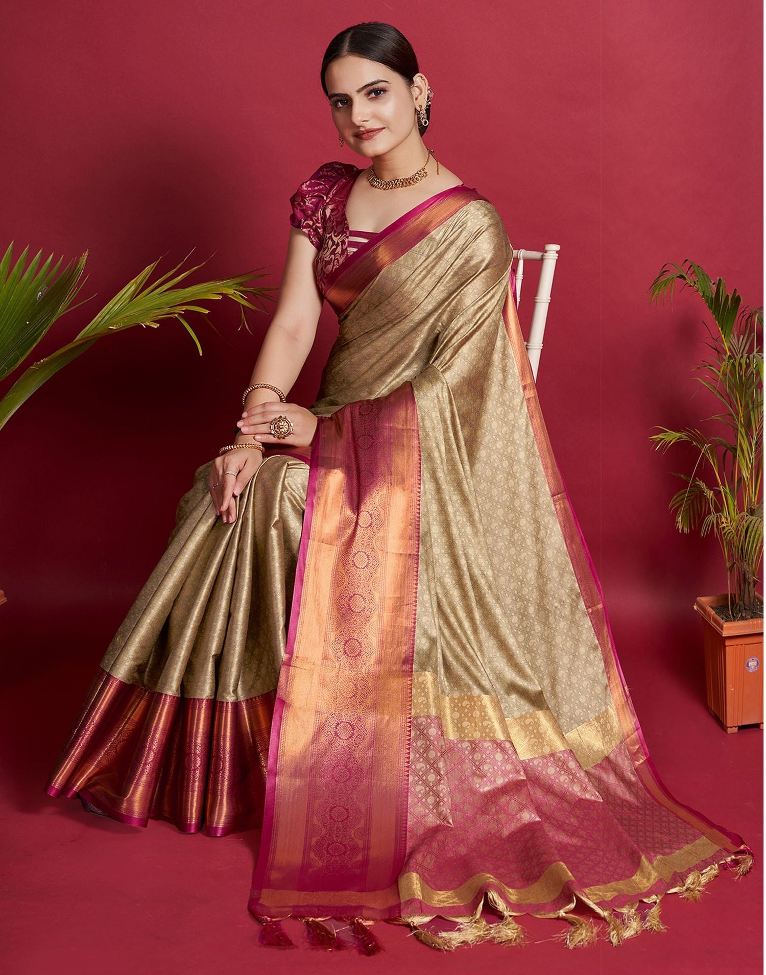 Beige &amp; Red Jacquard Silk Saree