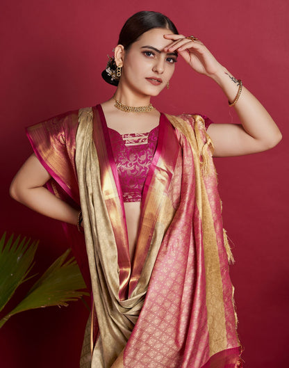 Beige &amp; Red Jacquard Silk Saree