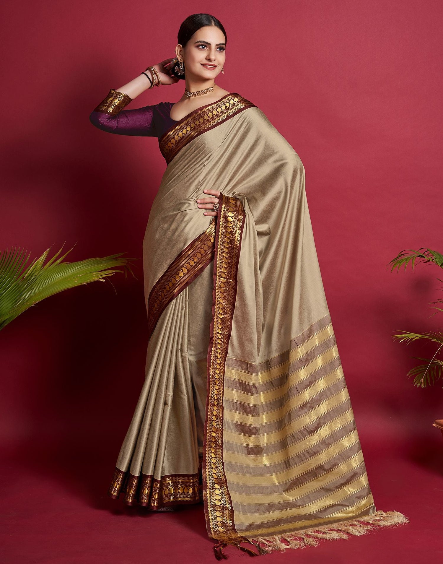 Beige Jacquard Silk Saree