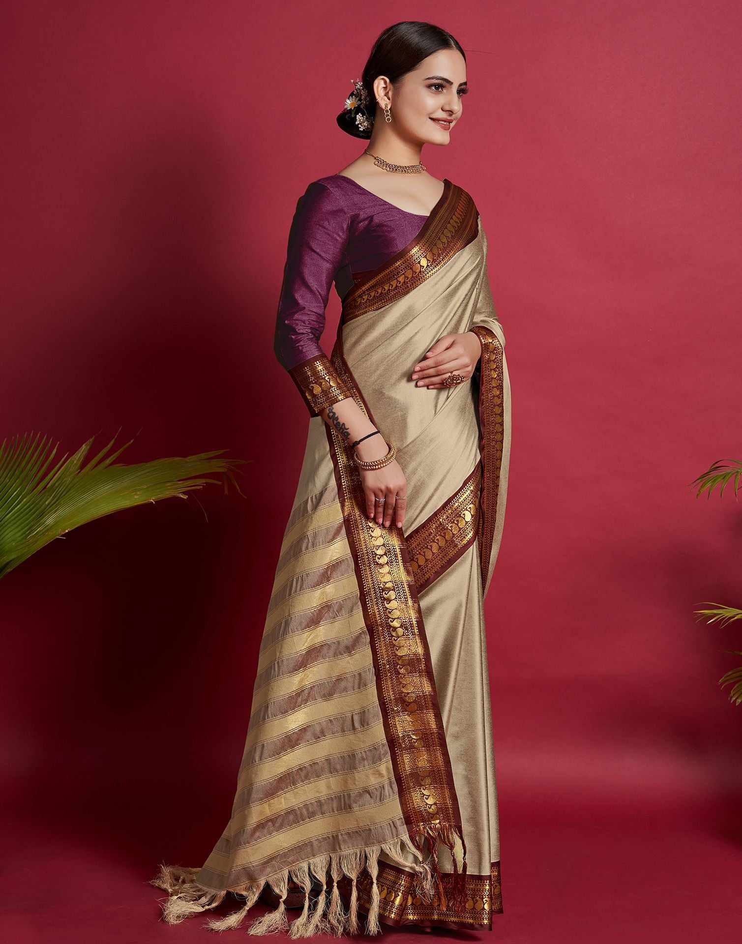 Beige Jacquard Silk Saree