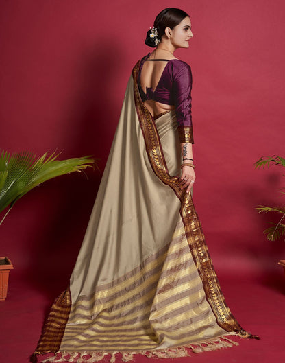 Beige Jacquard Silk Saree