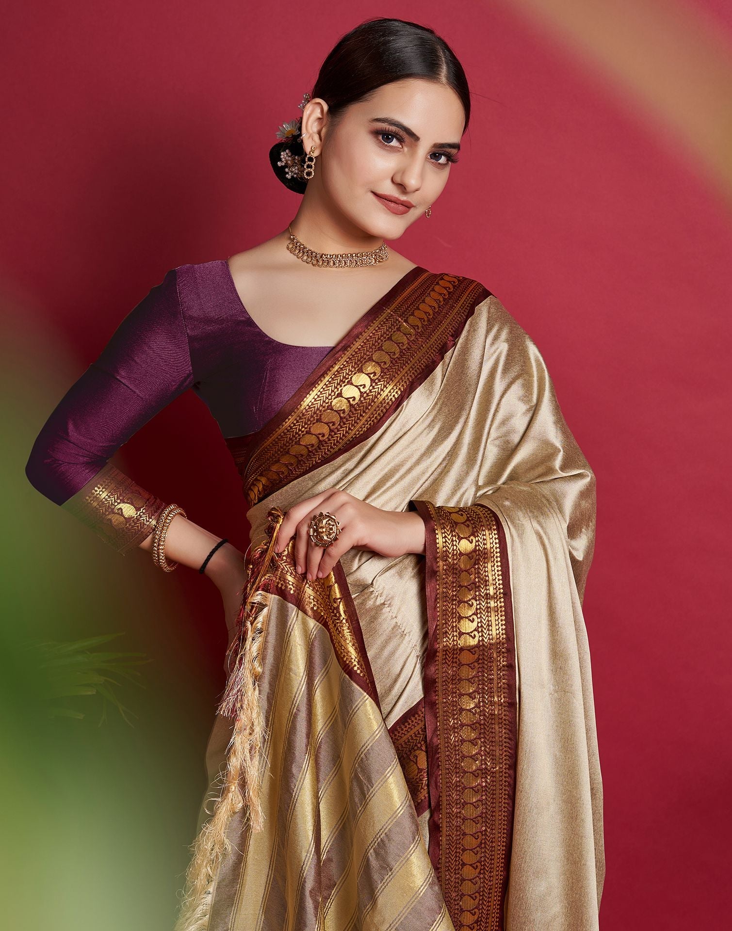 Beige Jacquard Silk Saree