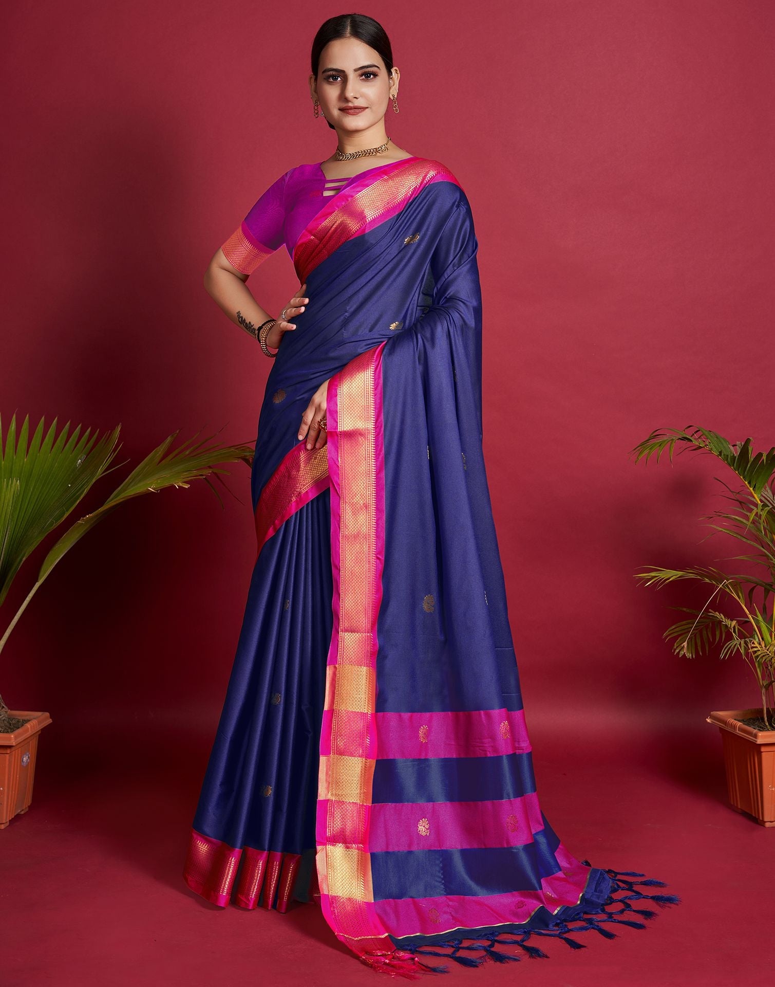 Dark Blue Jacquard Silk Saree