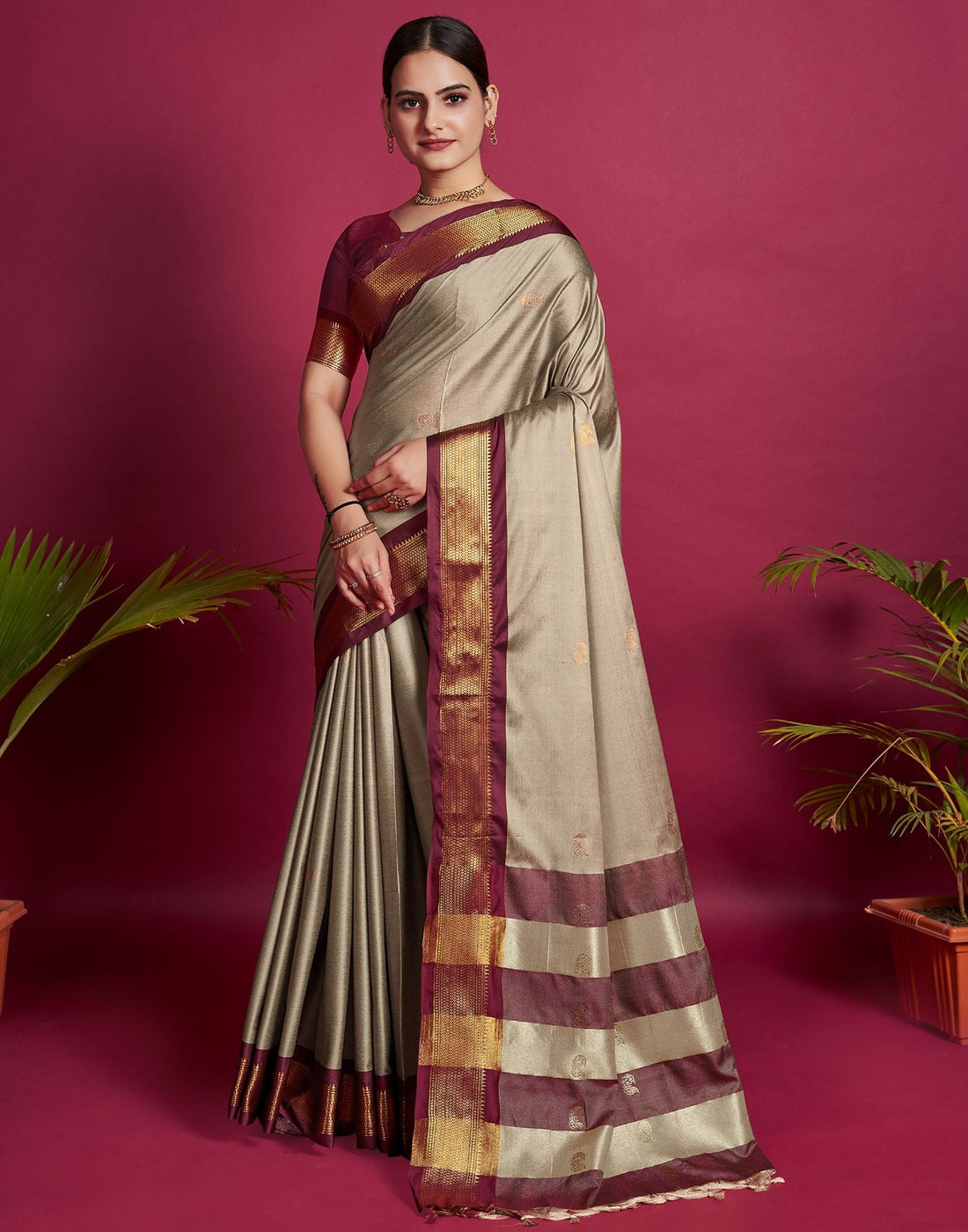 Beige Jacquard Silk Saree