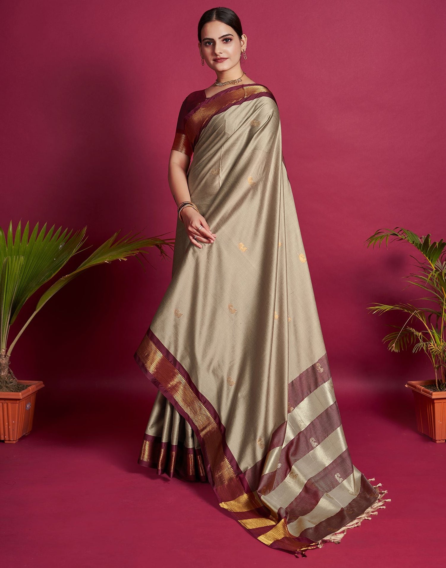 Beige Jacquard Silk Saree